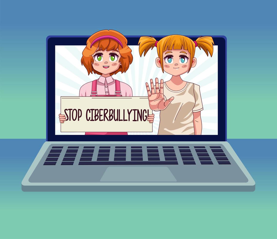 Portátil con chicas adolescentes pareja levantamiento stop cyber bullying banner vector