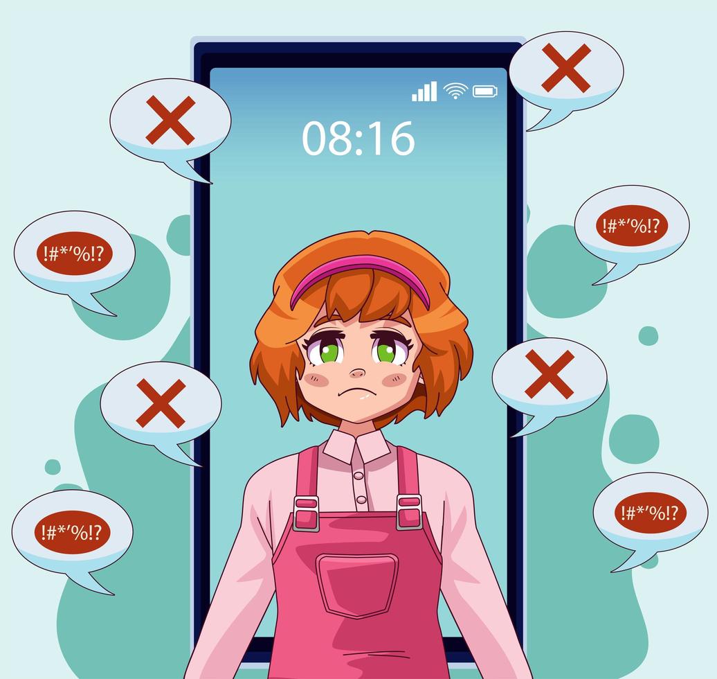 smartphone with teenager girl and speech bubbles attacking vector