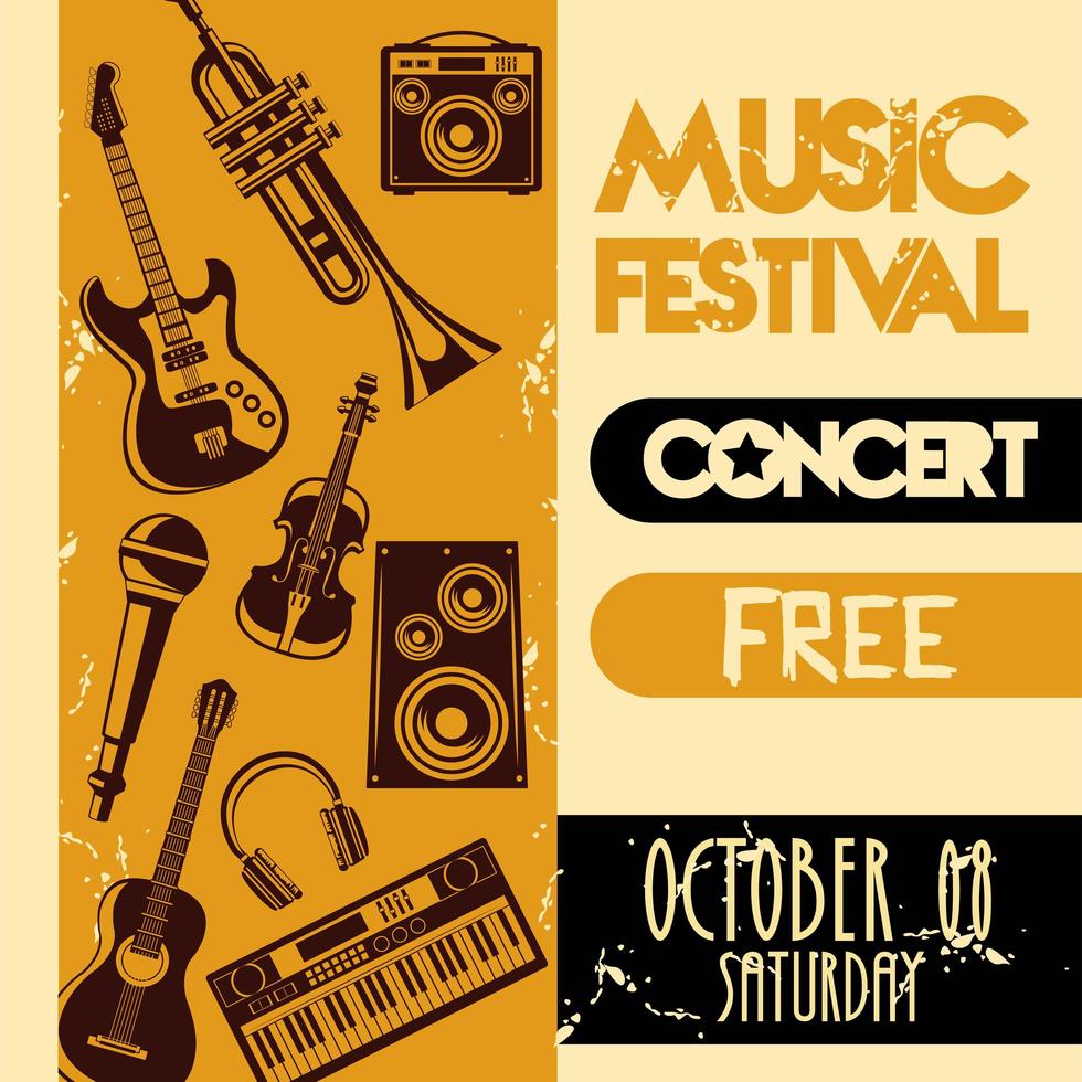 music festival lettering poster with set instruments vector