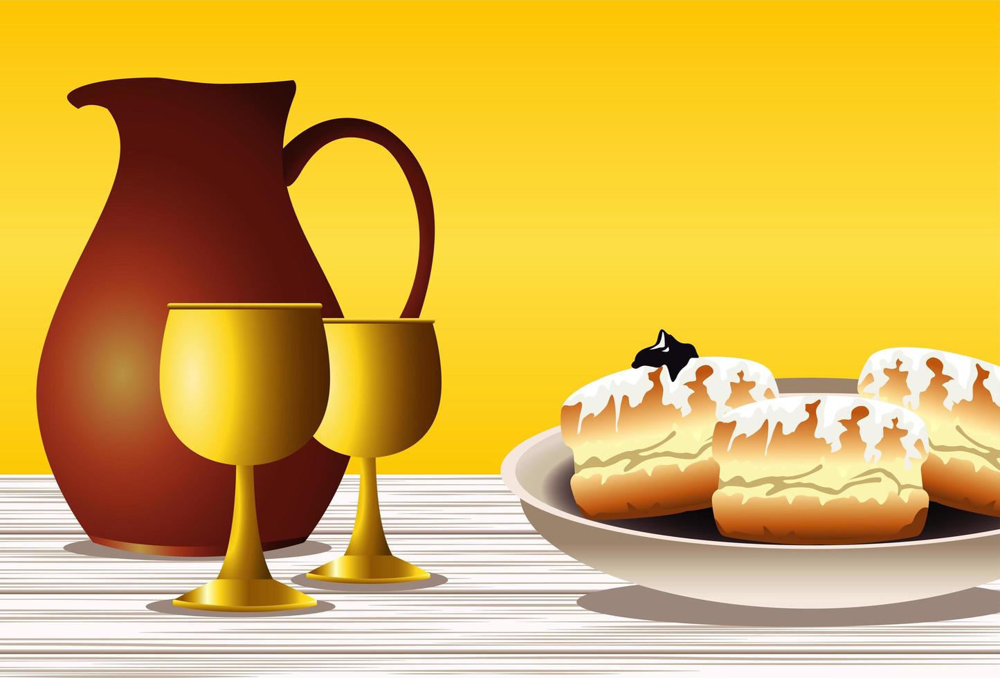 happy hanukkah celebration with sweet donuts and golden chalices vector