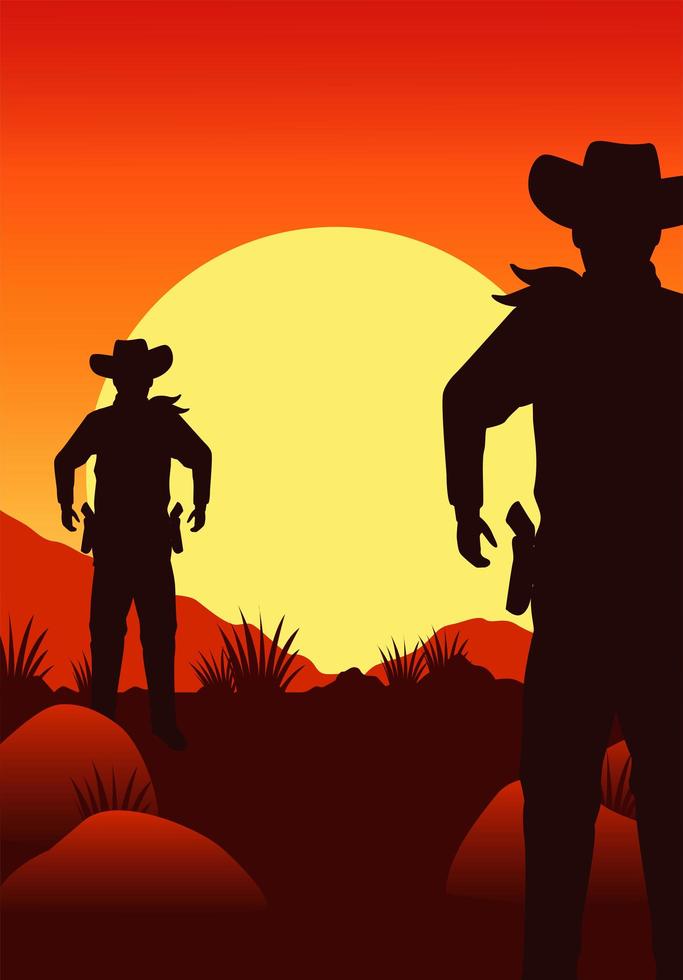 wild west sunset desert scene with cowboys vector