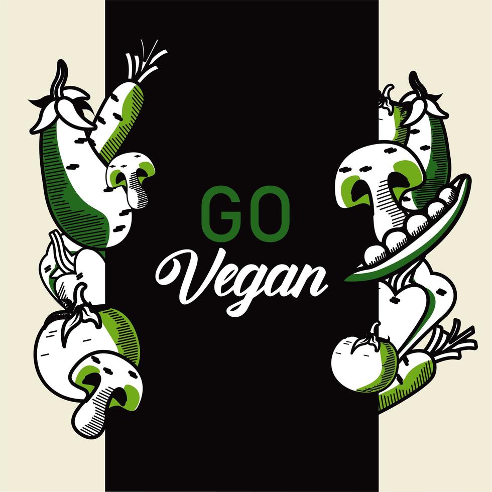 go vegan lettering poster with vegetables in black background vector
