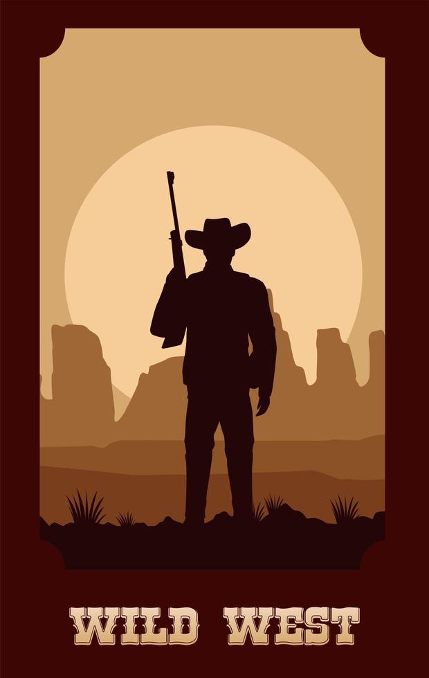 wild west lettering in poster with cowboy and rifle vector