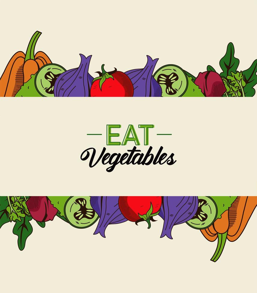 comer verduras cartel de letras con comida sana colorida vector