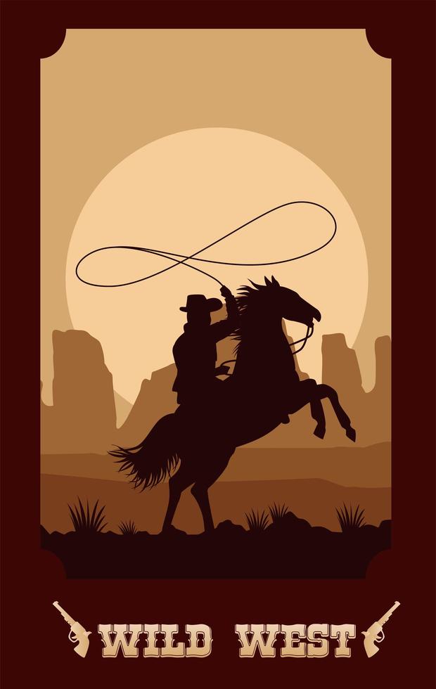 wild west lettering in poster with cowboy in horse lassoing vector