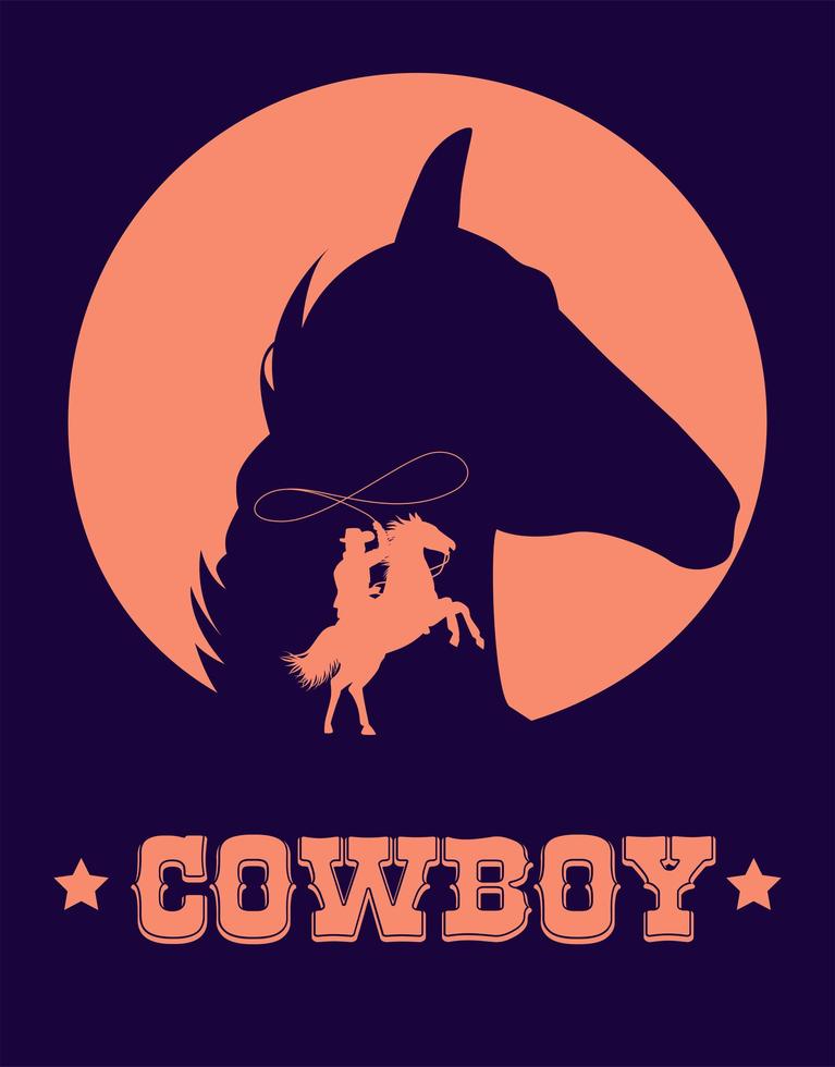 cowboy lettering in wild west poster with cowboy lassoing and horse head vector