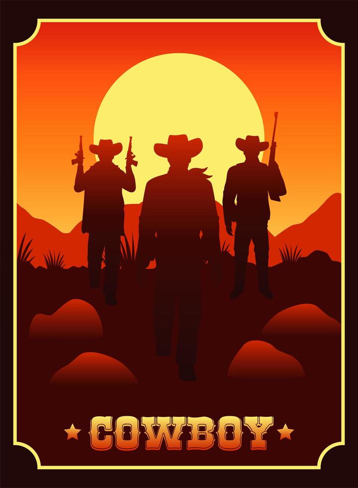 cowboy lettering in wild west scene with cowboys and guns vector