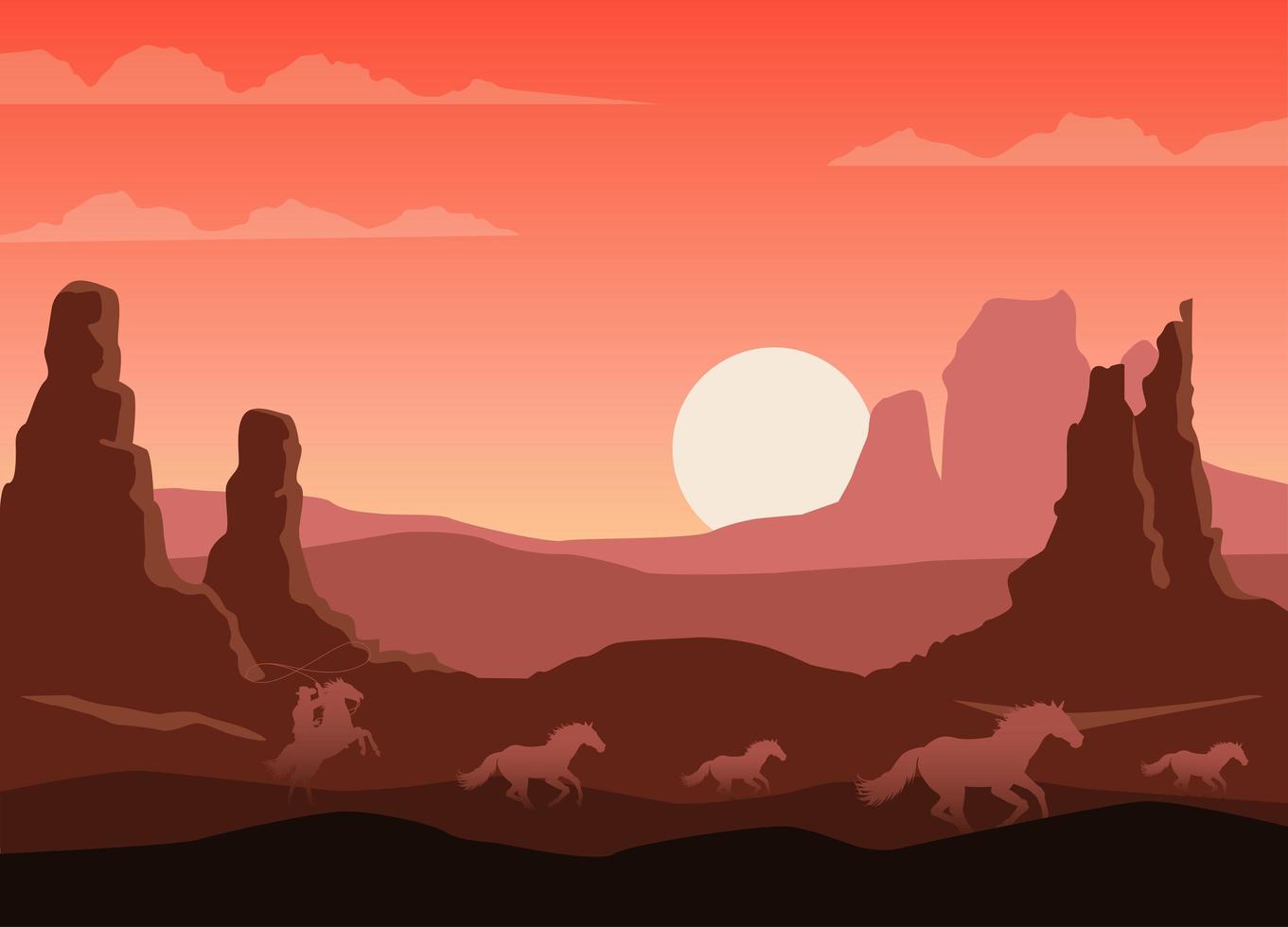 escena del desierto al atardecer salvaje oeste con vaquero y caballos corriendo vector