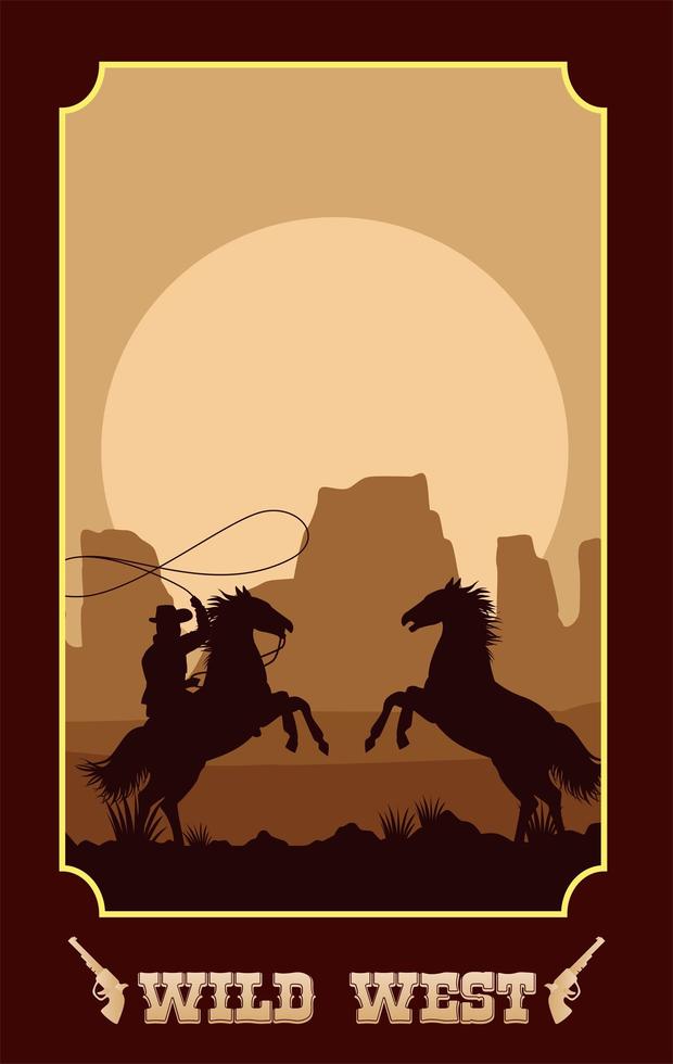 wild west lettering in poster with cowboy in horses lassoing vector