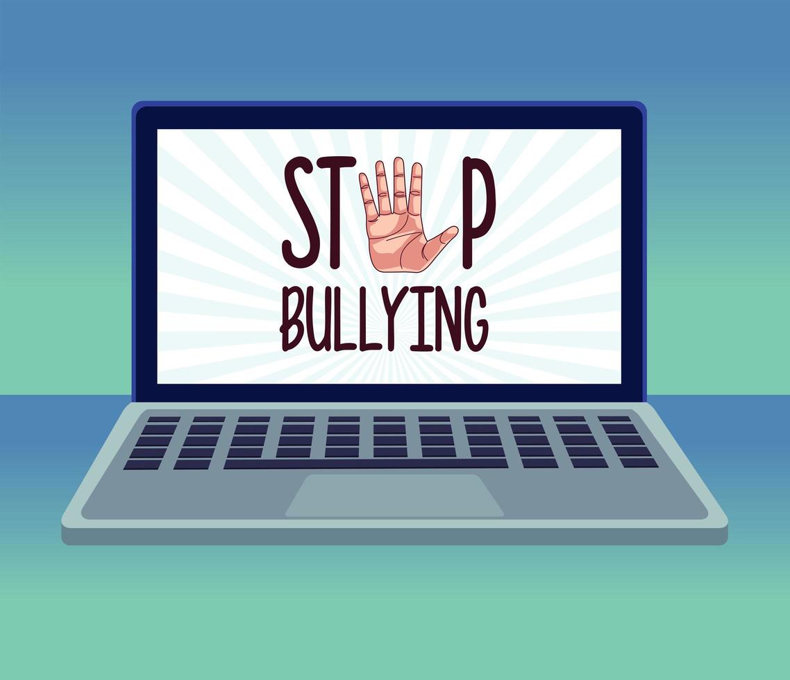 stop cyber bullying lettering and hand stoping in laptop vector