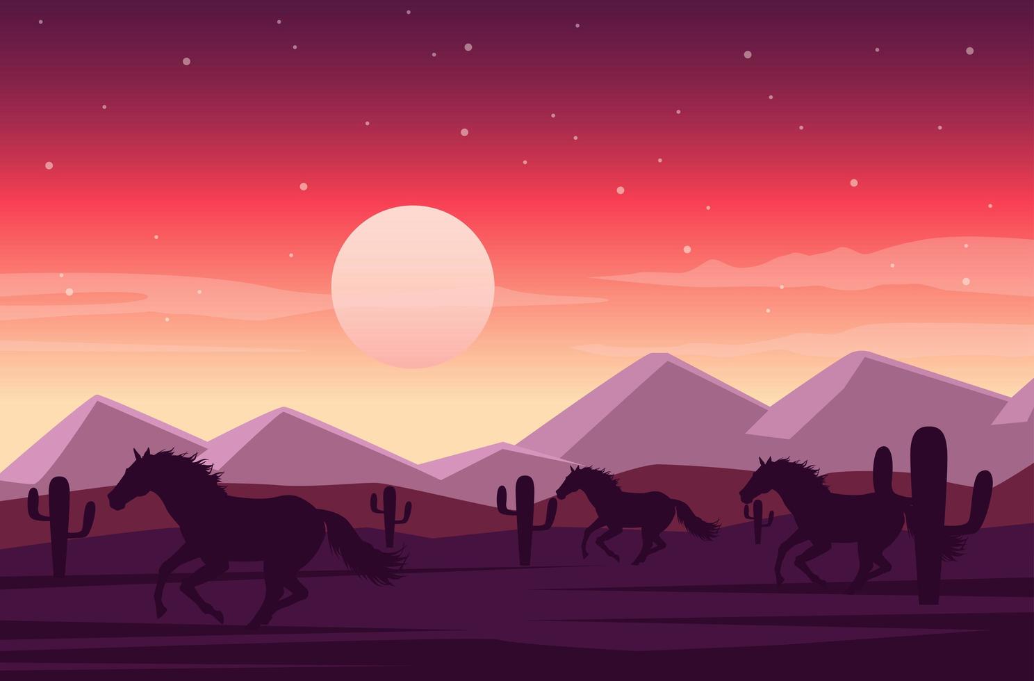 escena del desierto al atardecer salvaje oeste con caballos corriendo vector