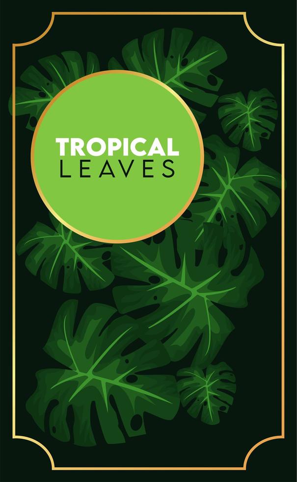 Cartel de letras de hojas tropicales con marco circular verde sobre fondo negro vector