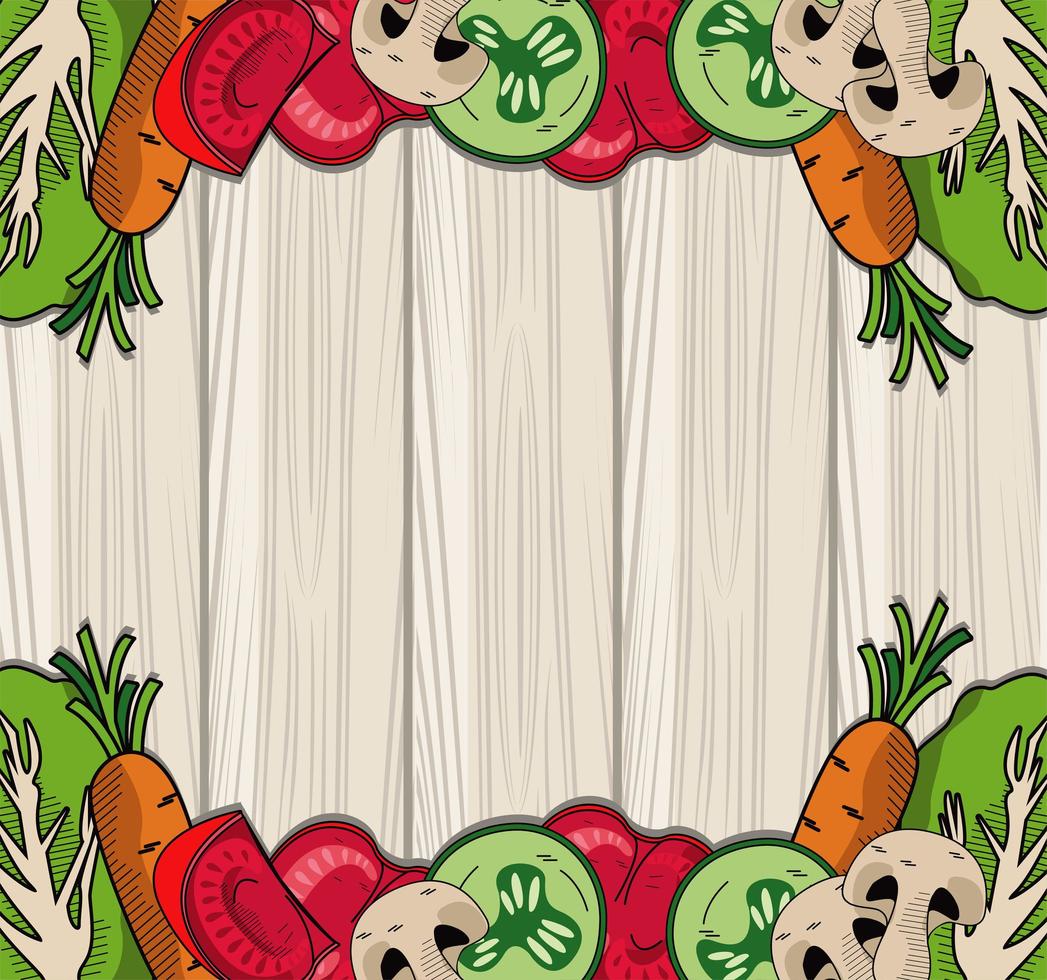 healthy and vegetarian food frame in wooden background vector