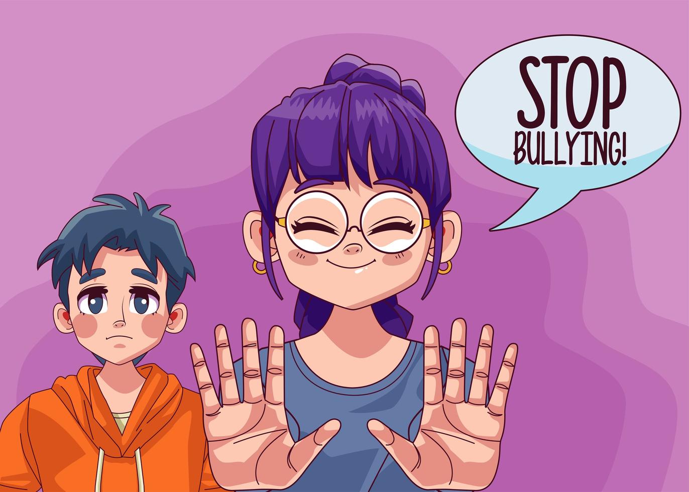 young teenagers couple with stop bullying lettering in speech bubble vector