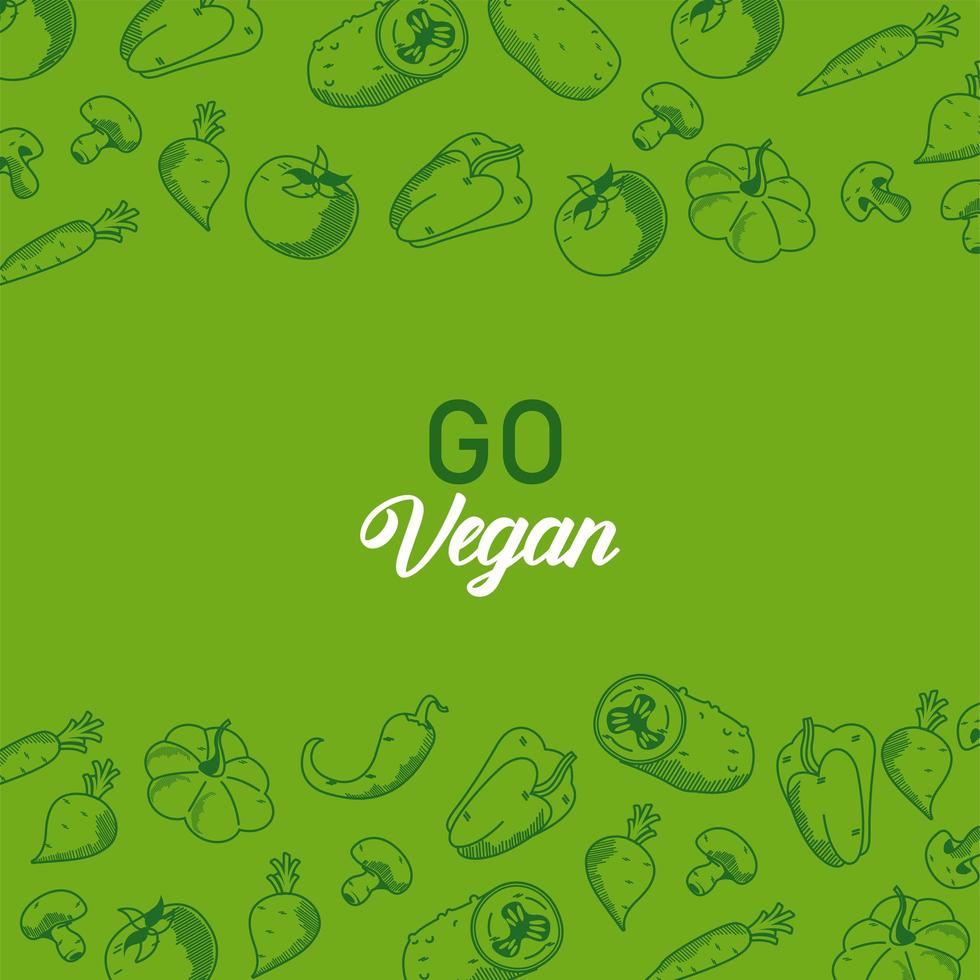 go vegan lettering poster with vegetables frame in green background vector