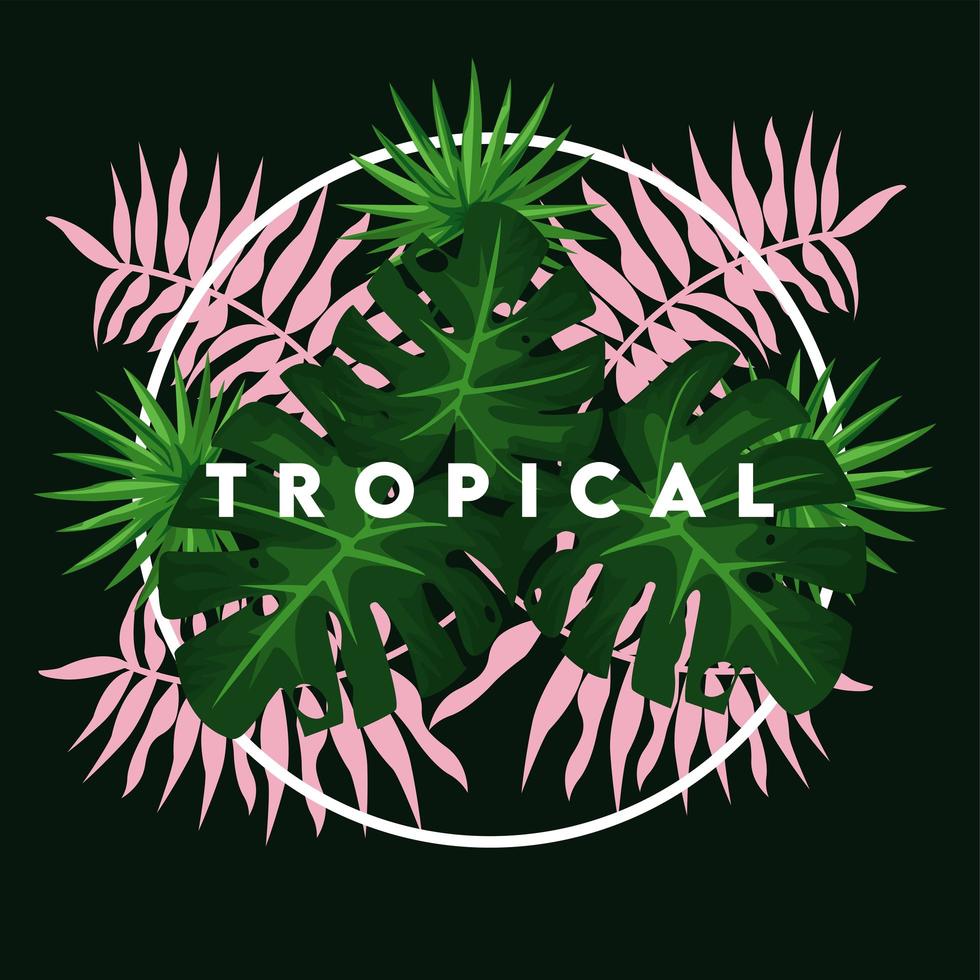 cartel de letras tropicales con hojas verdes y rosas en marco circular vector