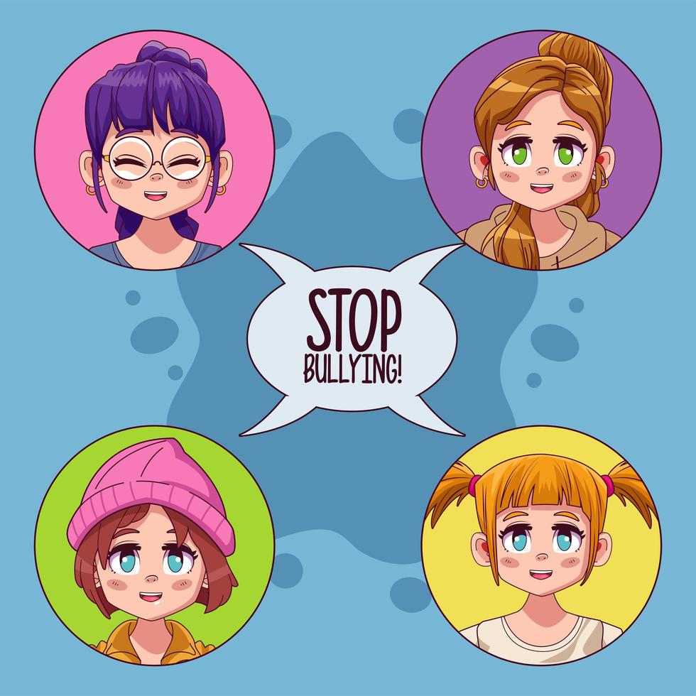 young teenagers girls with stop bullying lettering in speech bubble vector