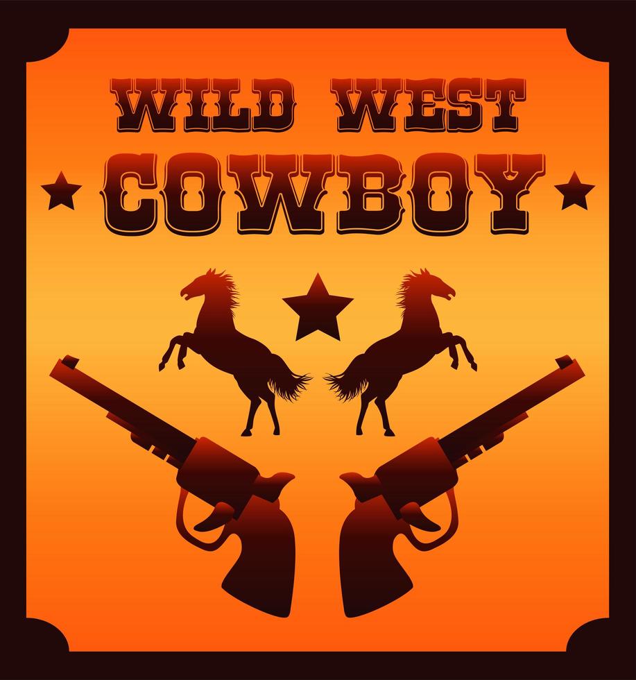 wild west cowboy lettering with horses and guns poster vector