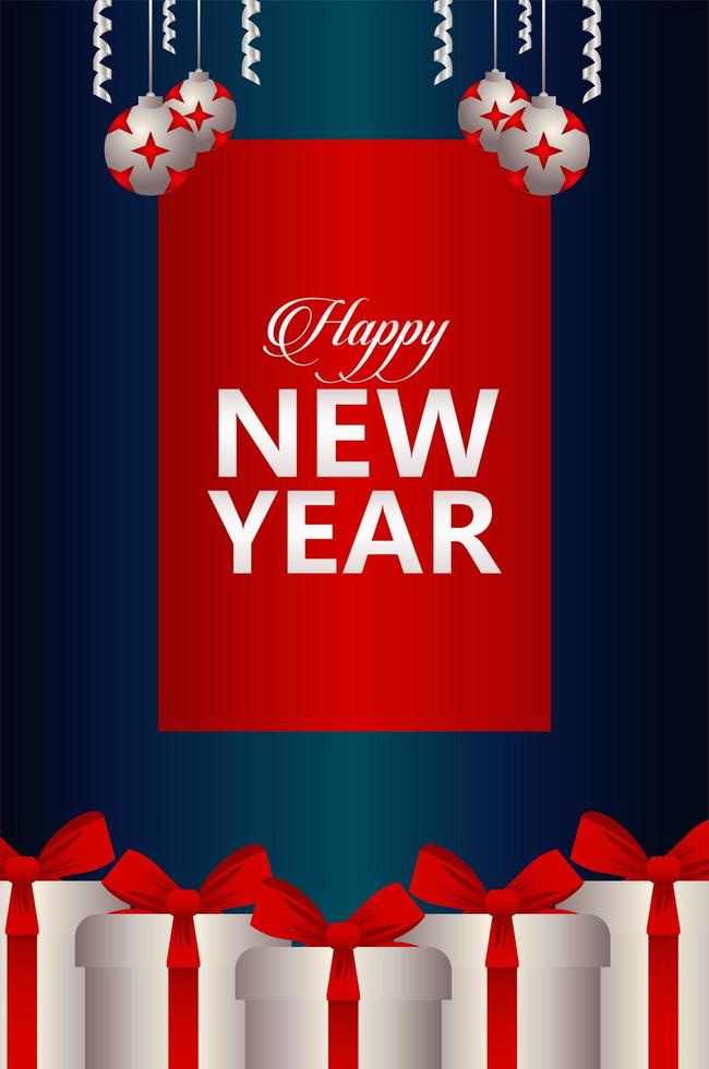 happy new year lettering card with silver and red balls and gifts vector