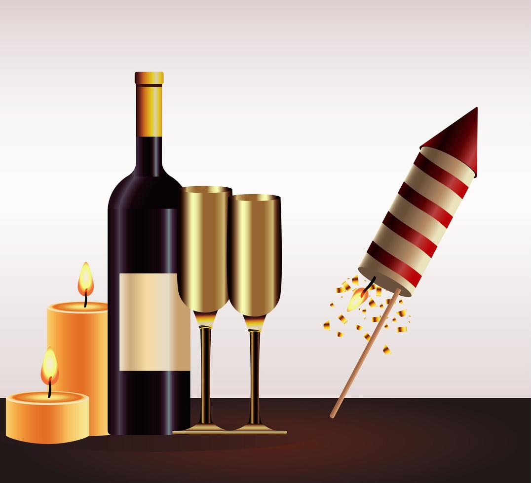 happy new year card with champagne and firework rocket vector