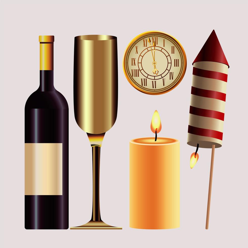 happy new year card with set icons vector