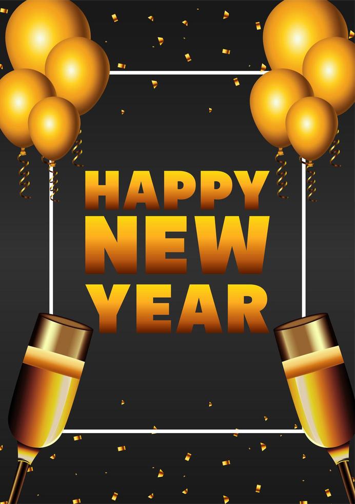 Feliz año nuevo tarjeta de letras con copas de champán dorado y globos de helio vector
