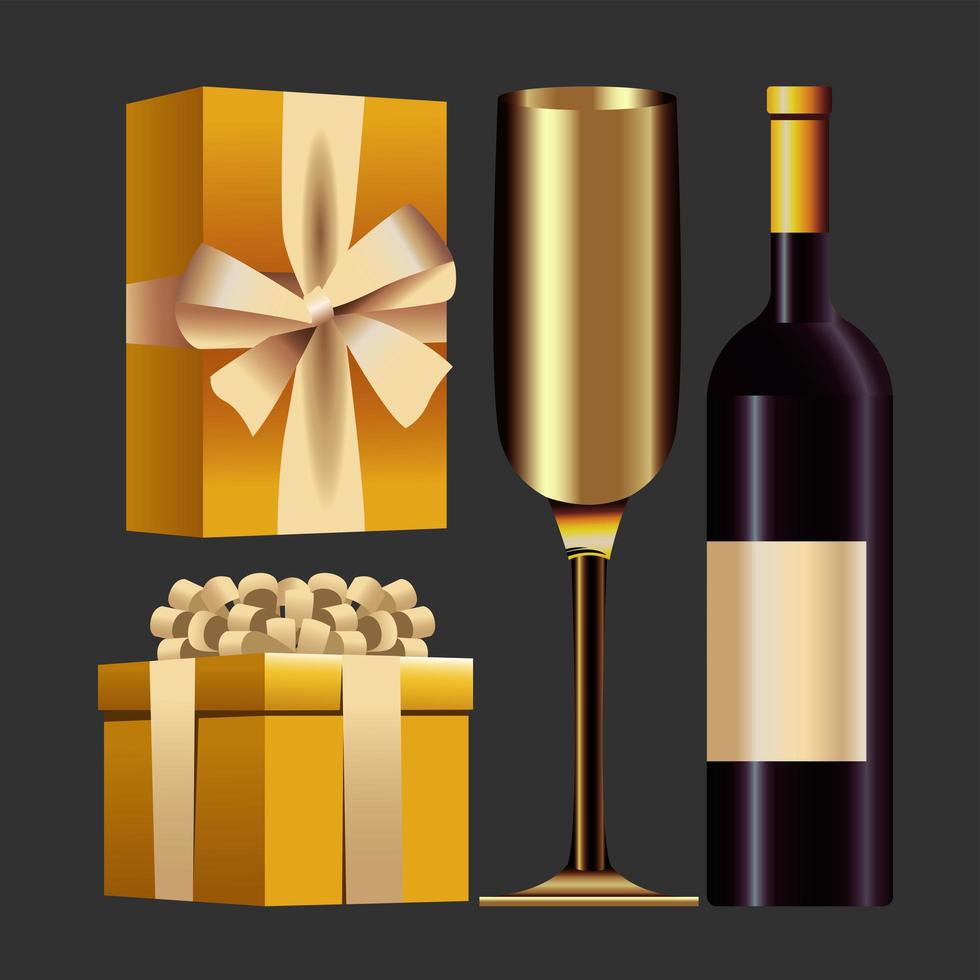 tarjeta de feliz año nuevo con regalos y champán vector