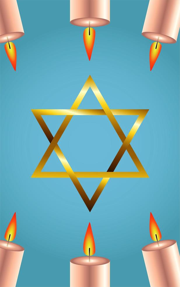 happy hanukkah celebration with golden star and candles vector