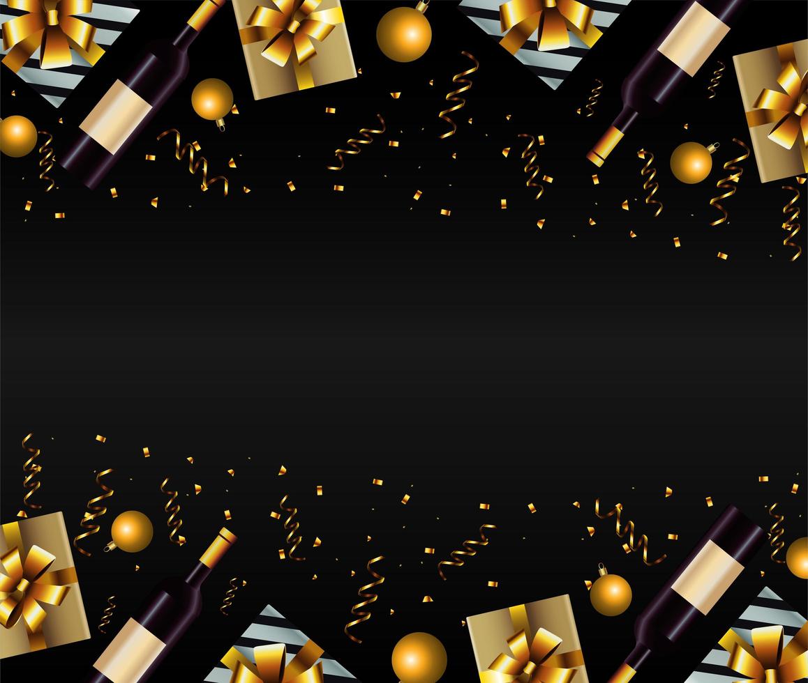 happy new year card with gifts and champagne vector
