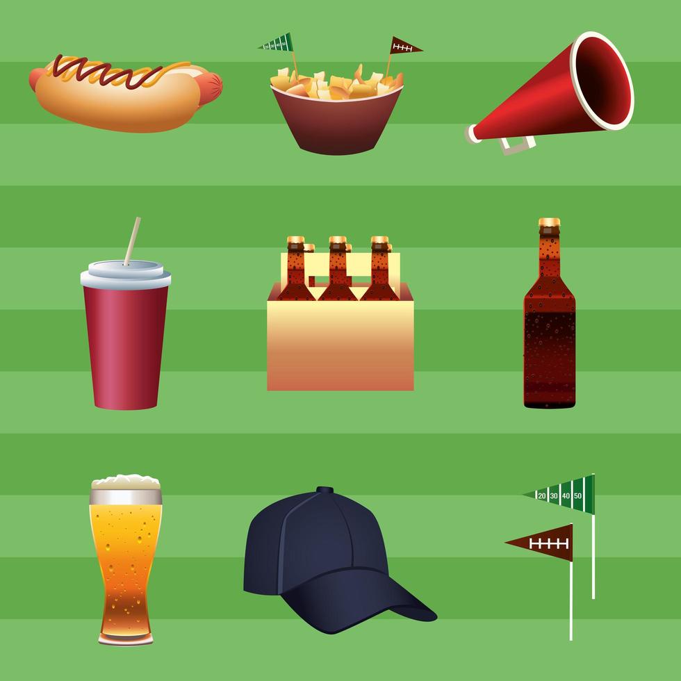 Paquete de nueve iconos de conjunto de fútbol americano del Super Bowl en fondo verde vector