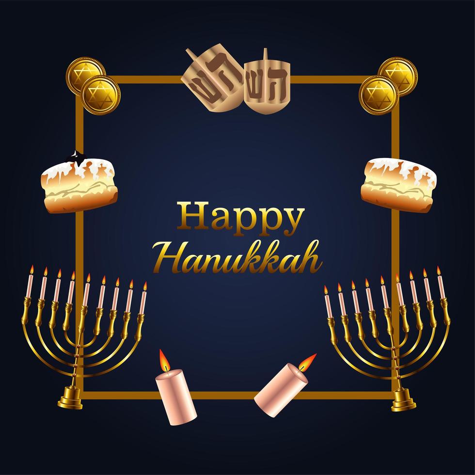happy hanukkah celebration lettering with set icons in golden frame vector