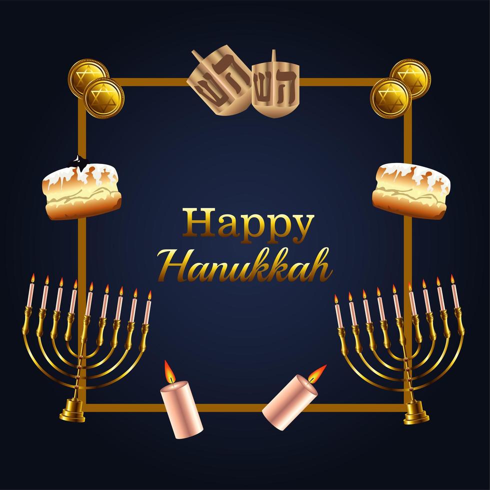 Feliz celebración de Hanukkah rotulación con iconos en marco dorado vector