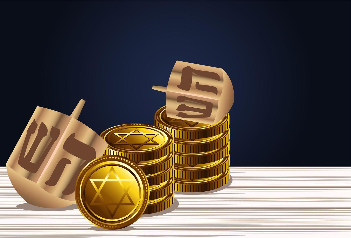 happy hanukkah celebration with dreidels and coins vector