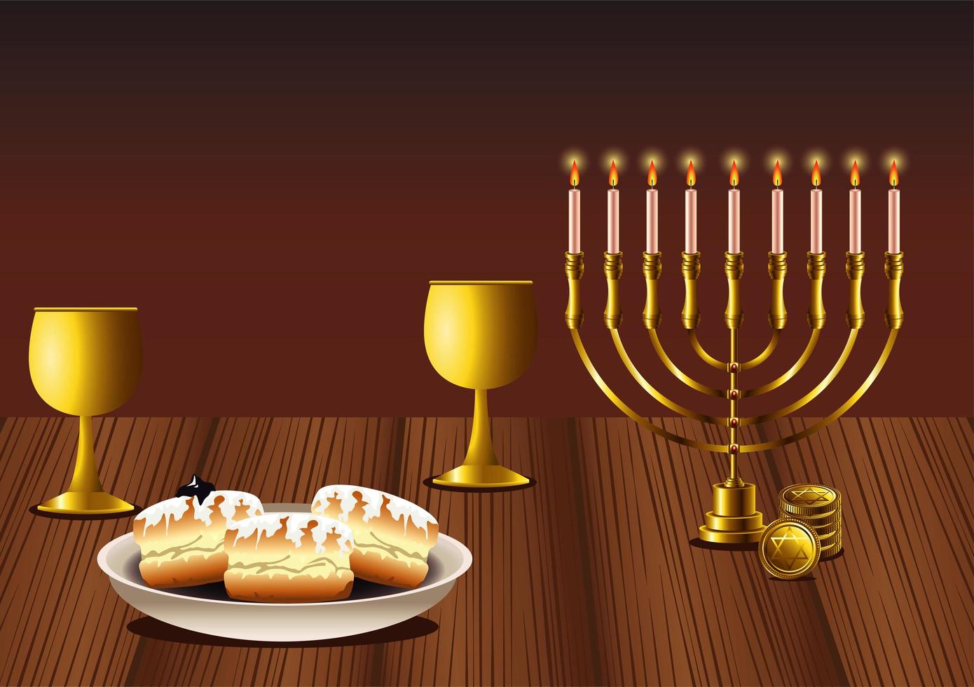 Feliz celebración de Hanukkah con candelabro y donas en mesa de madera vector