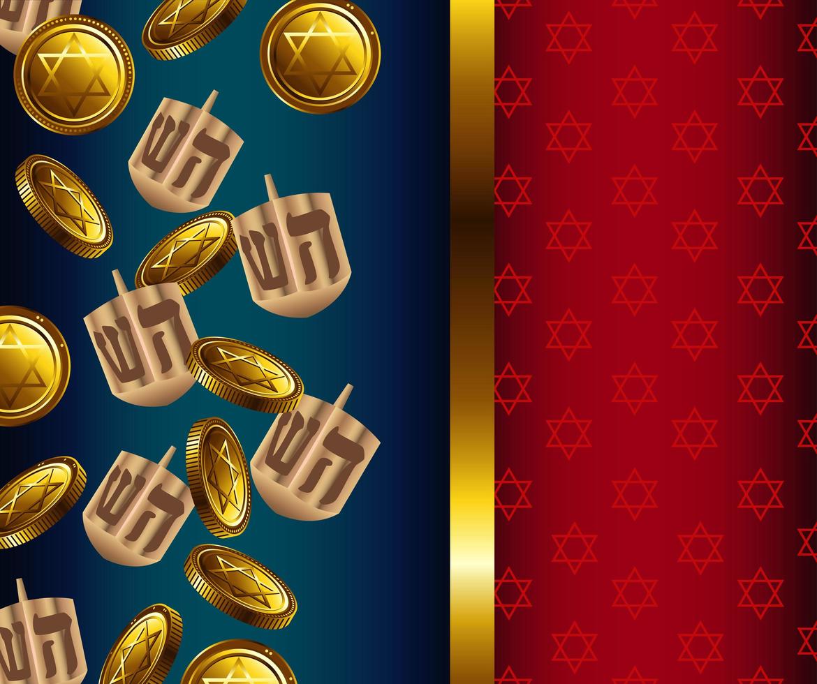 feliz celebración de hanukkah con dreidels y monedas en marco dorado vector