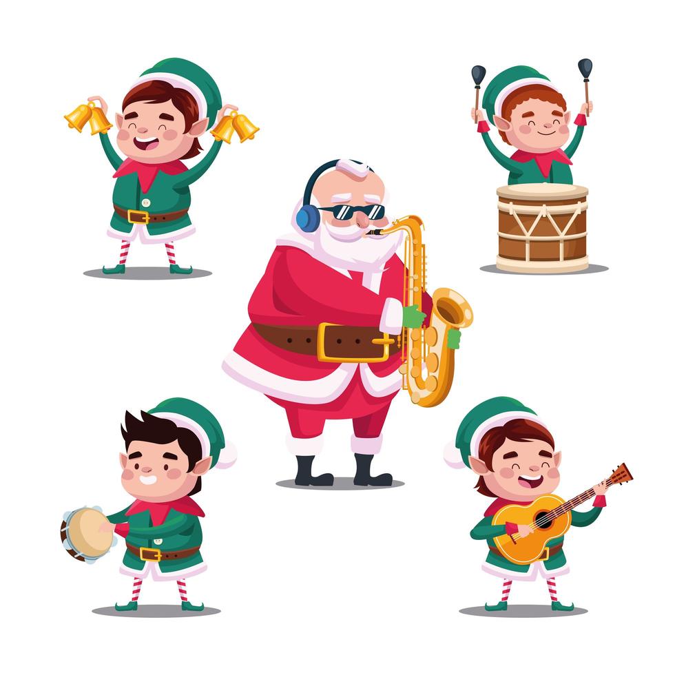 feliz feliz navidad paquete de santa y elfos tocando instrumentos vector