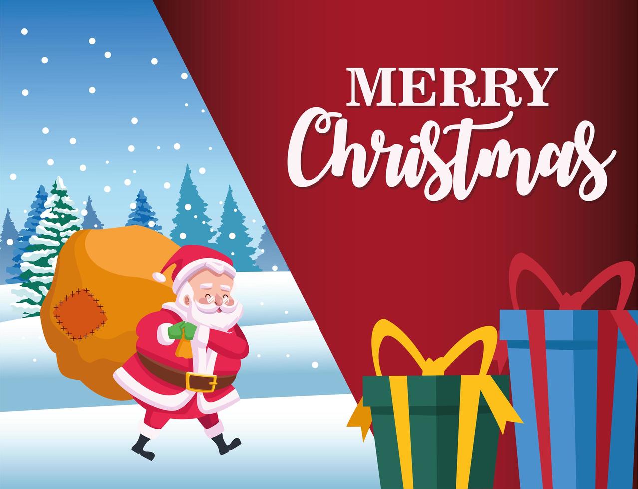 Feliz tarjeta de letras de feliz navidad con santa y regalos vector