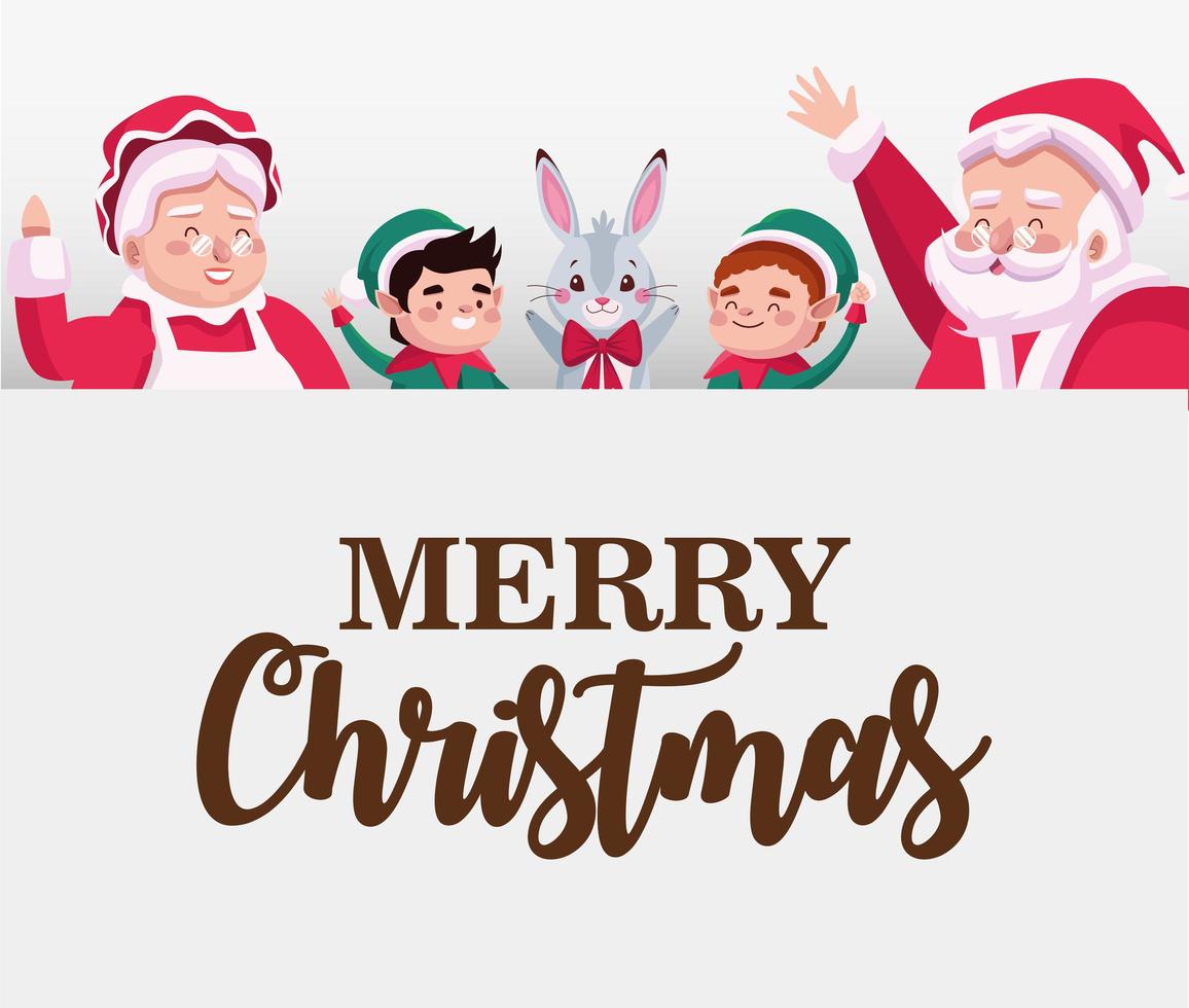 tarjeta de letras feliz feliz navidad con la familia santa y elfos y conejo vector