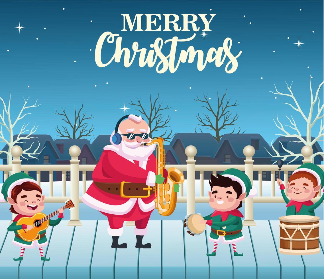 Feliz tarjeta de letras de feliz navidad con santa y elfo tocando instrumentos vector