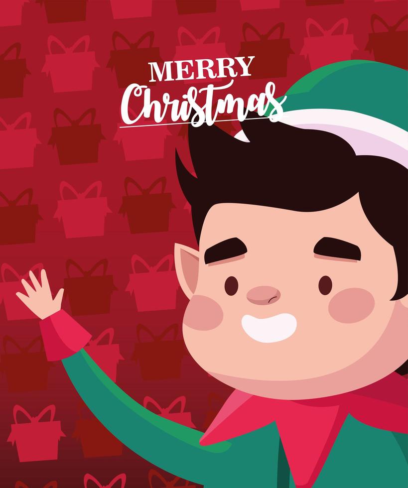 happy merry christmas lettering card with santa helper character vector