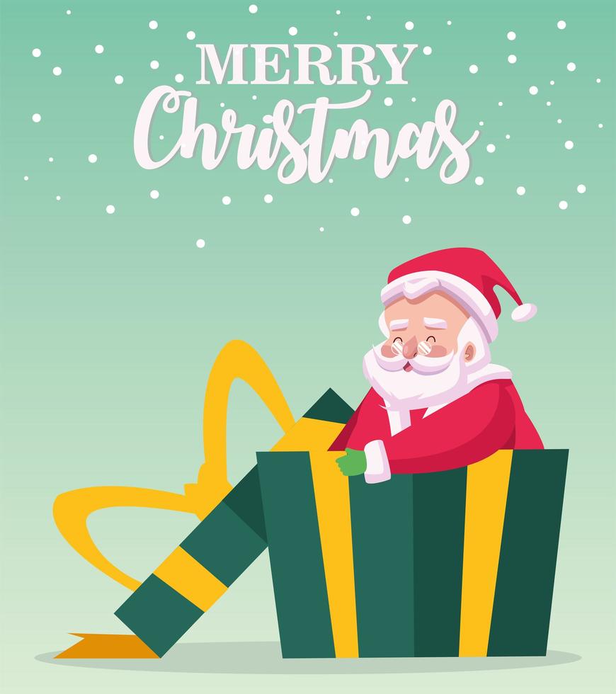 feliz navidad tarjeta de letras con santa claus en regalo vector