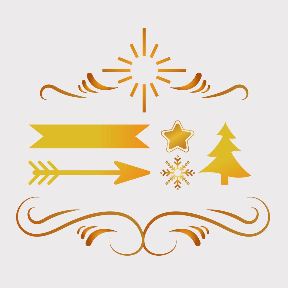 bundle of five happy merry christmas golden icons vector