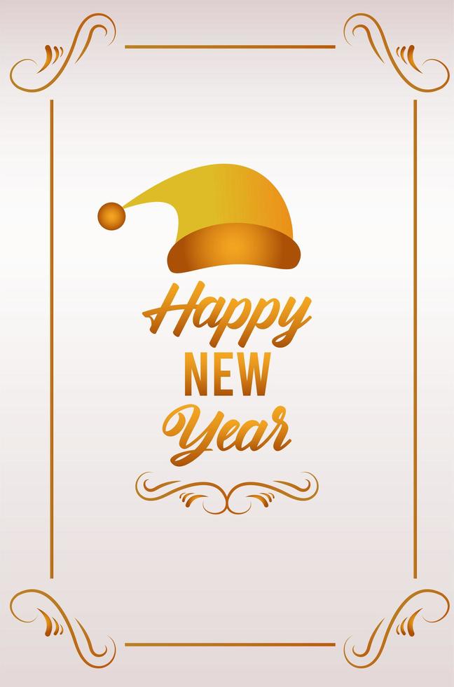 happy new year lettering card with golden santa hat in square frame vector