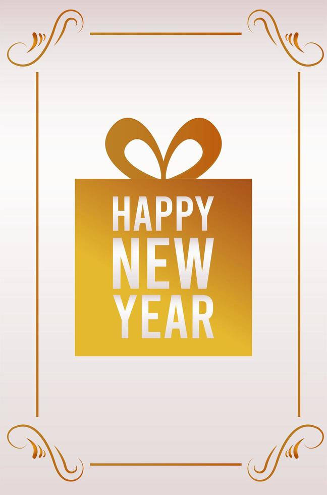 happy new year lettering card with golden gift vector