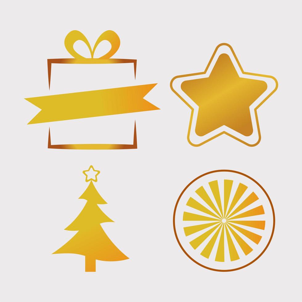 paquete de cuatro iconos de oro feliz feliz navidad vector