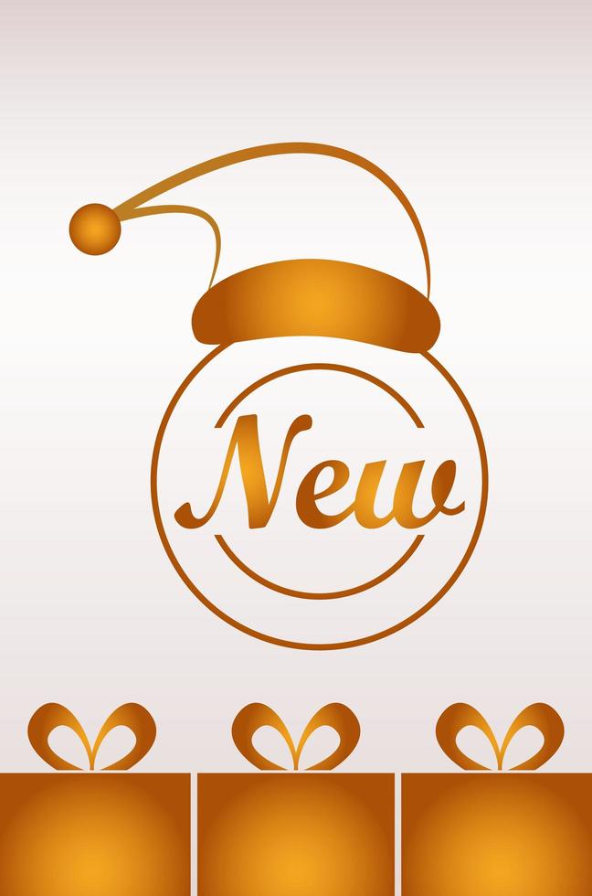 happy new year lettering card with golden santa hat and gifts vector