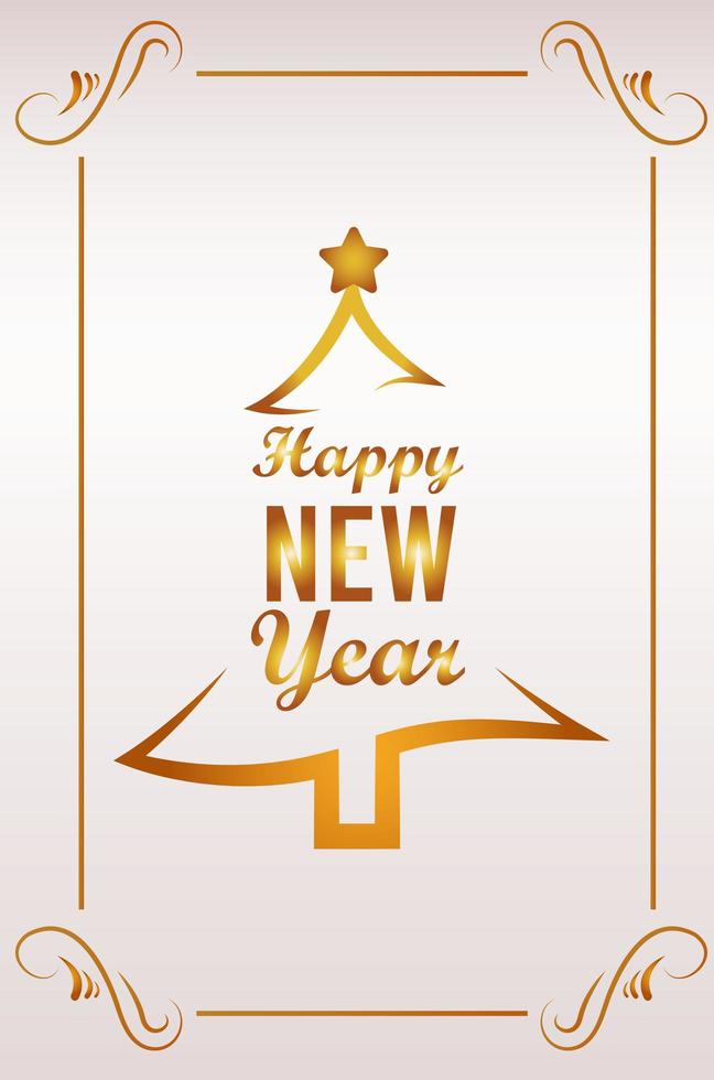happy new year lettering card with golden pine tree vector