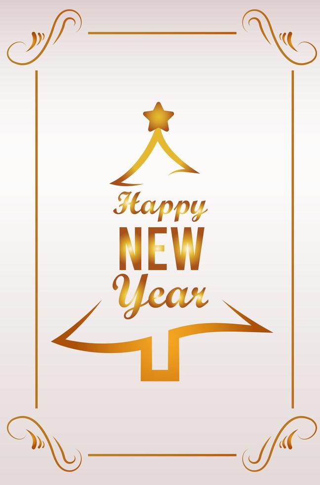 happy new year lettering card with golden pine tree vector