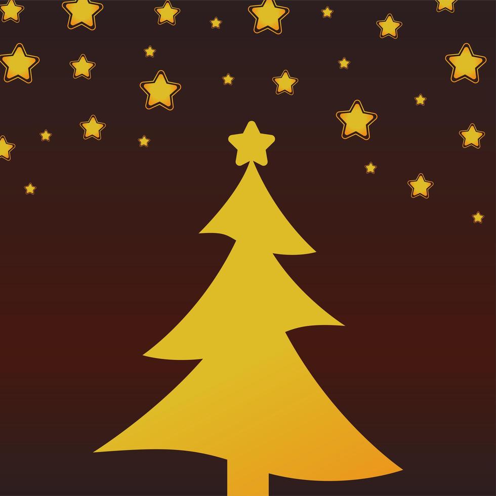 happy merry christmas golden pine tree and stars vector