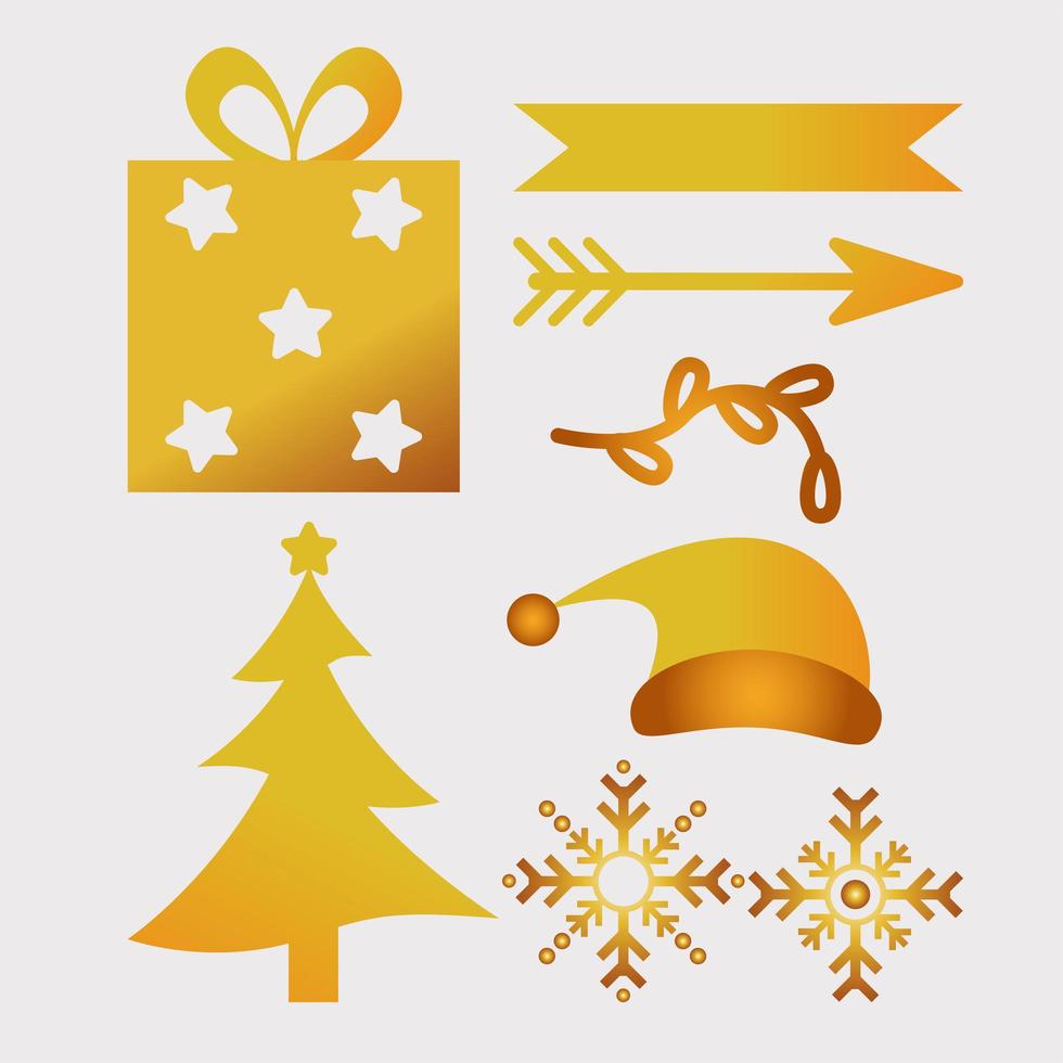 bundle of seven happy merry christmas golden icons vector